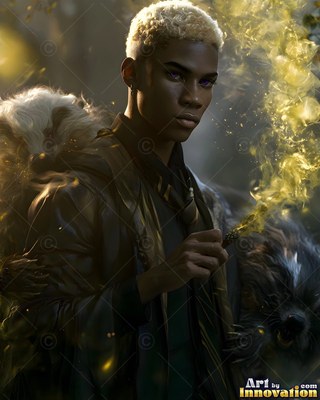 A youthful man with blond hair holds a wand with yellow smoke beside two badgers