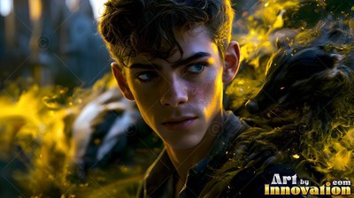 Outside the castle, a man in his youth looks aside beside a badger in yellow smoke