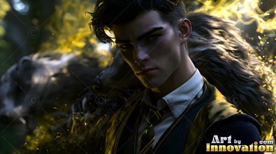 Standing in dark woods, a youthful man in school robes poses beside a badger