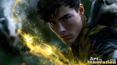 Dark curls frame a man with a badger behind him as yellow light swirls around him in the woods