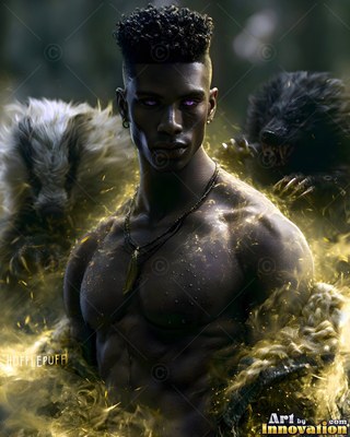 Facing forward in a dark forest, a shirtless man stands between two fierce badgers