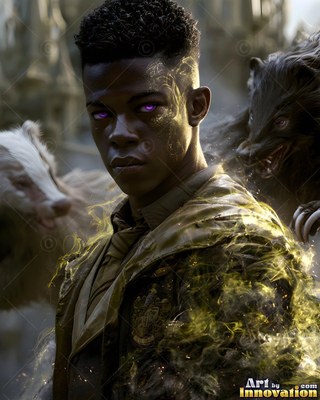 A man in his youth with purple eyes stands with two badgers as yellow mist swirls on his coat