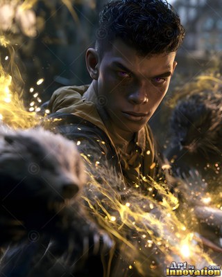In a dim forest, a young man summons a fierce badger with yellow sparks