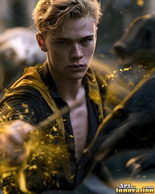Casting yellow sparks forward, a blond younger man stands beside two badgers