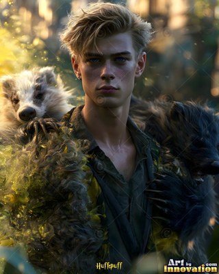 A blond man cradles two badgers outdoors in soft yellow light