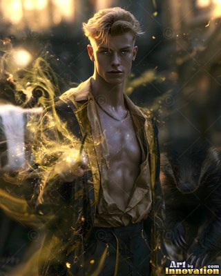 Wearing an open gold shirt, a young yellow-haired man casts sparks in a dark yard beside a badger