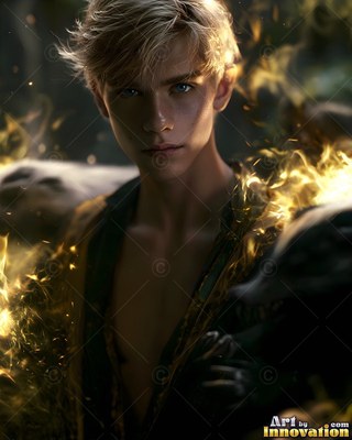 A blond younger man holds a badger in his arms with warm yellow sparkles around them