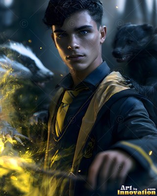 Facing forward in a dim room, a man in his youth holds a bright wand by two badgers
