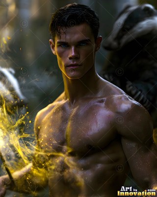 A shirtless man stands in the woods near a badger with yellow sparks near his hand