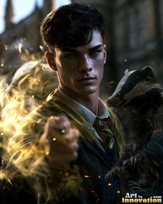 Outside a stone castle, a young man in school robes holds a badger while sparks fly
