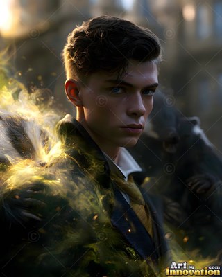 Standing outdoors, a man holds a badger covered in yellow light on his shoulder