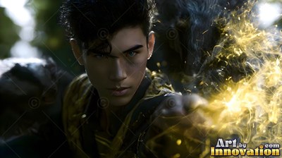 Dark messy hair frames a younger man in dark robes casting yellow light outdoors