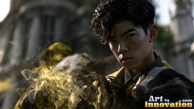 A younger man summons a badger with bright yellow sparks outside a stone academy