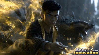 Facing forward in a dark hall, a young man casts yellow sparks beside badgers