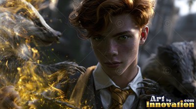 A man in a school tie summons a fiery golden badger by his shoulder