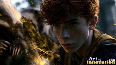Staring ahead, a young red-haired man watches yellow sparks beside a badger companion