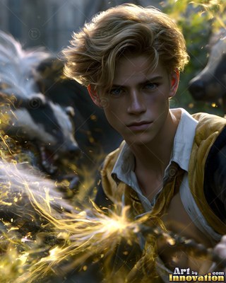 Blond swept hair tops a younger man in robes outside, casting bright yellow sparks beside badgers