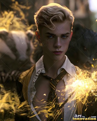 A youthful man stands beside badgers as bright yellow sparks fly around him