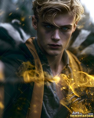 Facing forward in the woods, a yellow-haired man summons yellow sparks