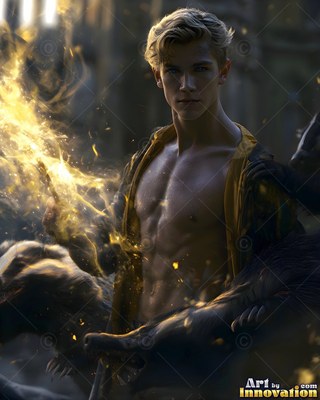 A blond, shirtless man in an open yellow robe holds yellow sparks by a badger