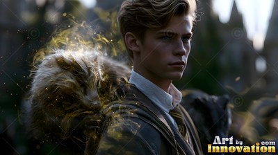 Looking aside, a fair-haired man stands in gray robes with a badger and yellow sparks