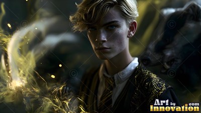 A blond man in uniform with yellow sparks near a badger