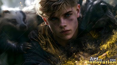 Tousled blond hair falls over a man's face in the dark woods beside a badger