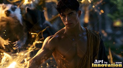 A shirtless man reaches forward beside two badgers under warm golden light