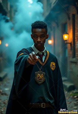 Pointing forward in a misty alley, a man in his youth wears dark robes