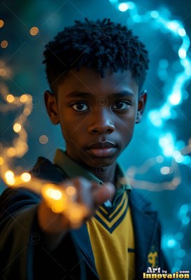 A young Black man points forward in a yellow and black uniform with blue sparks behind him
