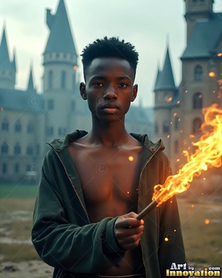 Outside a stone castle, a bare-chested man grips a fiery wand
