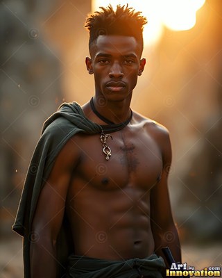 Standing in warm sunlight, a shirtless Black man wears a dark green cloak over one shoulder