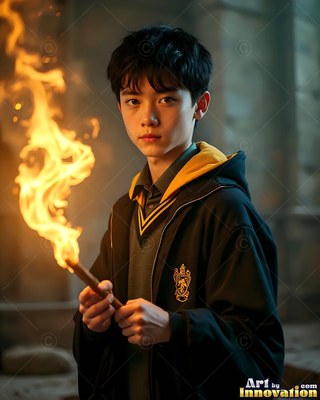 A young man in a black and yellow robe holds a flaming wand