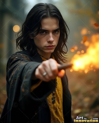 Wearing a dark robe and yellow sweater, a man points a wand sparking orange fire outdoors