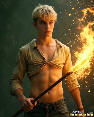 A blond younger man clasps a burning staff that casts bright yellow firelight