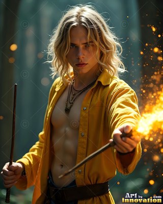 Facing forward in the woods, a man with blond hair in a yellow shirt aims a flaming wand