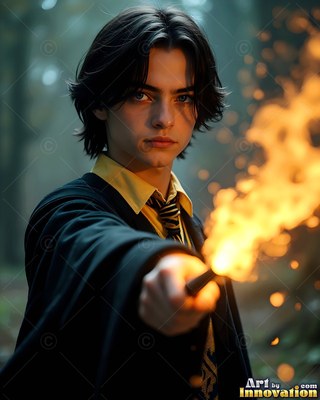 A younger man in school robes points a wand that shoots bright orange fire