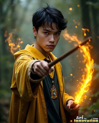 In the woods, a man in his youth in yellow robes points a wand trailing fire