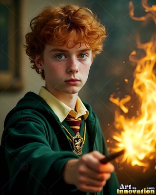 Curly red hair frames a younger man in green robes casting bright fire in a room