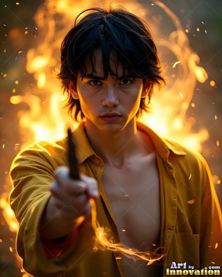 A young man points a wand forward while bright yellow flames flare behind him
