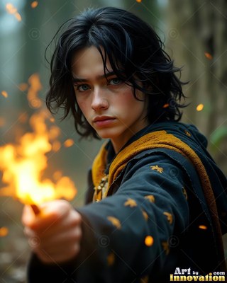 Reaching forward in the woods, a man in his youth in a dark robe casts fire
