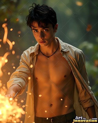 A bare-chested youthful man in an open tan shirt holds a stick sparking with bright fire