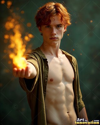 In a dark forest, a shirtless man clasps fire in his palm