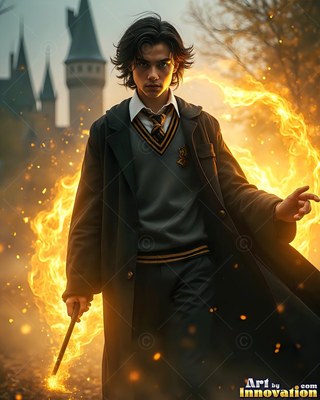 Wielding a lighted wand, a young man in school robes summons bright flames outside a castle