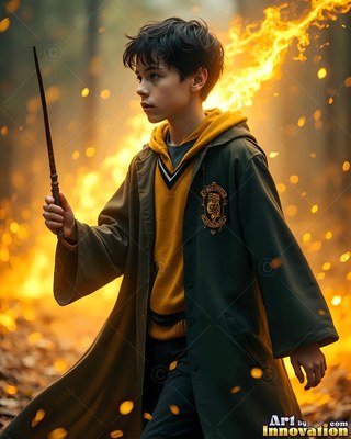 Young man in a green robe holds a wand in front of fire