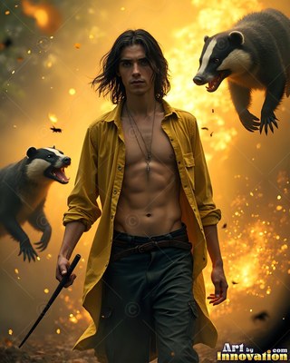An open yellow shirt shows a man holding a wand as two badgers leap in warm light