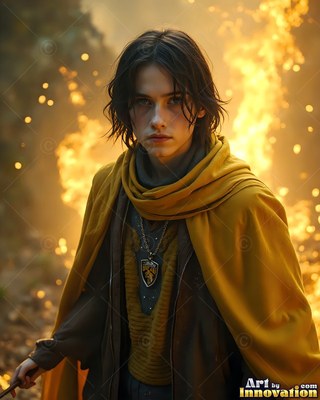 A young man stands holding a wand as bright yellow fire flares behind him
