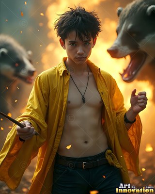 Facing forward in a burning wood, a young man in yellow stands with badgers
