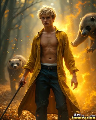 A blond man in an open yellow coat holds a wand near two badgers in firelight