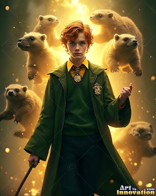 In warm light, a young red-haired man in green robes stands among badgers